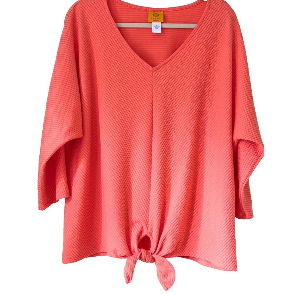 Ruby Rd Woman Top 1X Coral Textured Dolman Sleeve Tie Front V Neck Plus Size